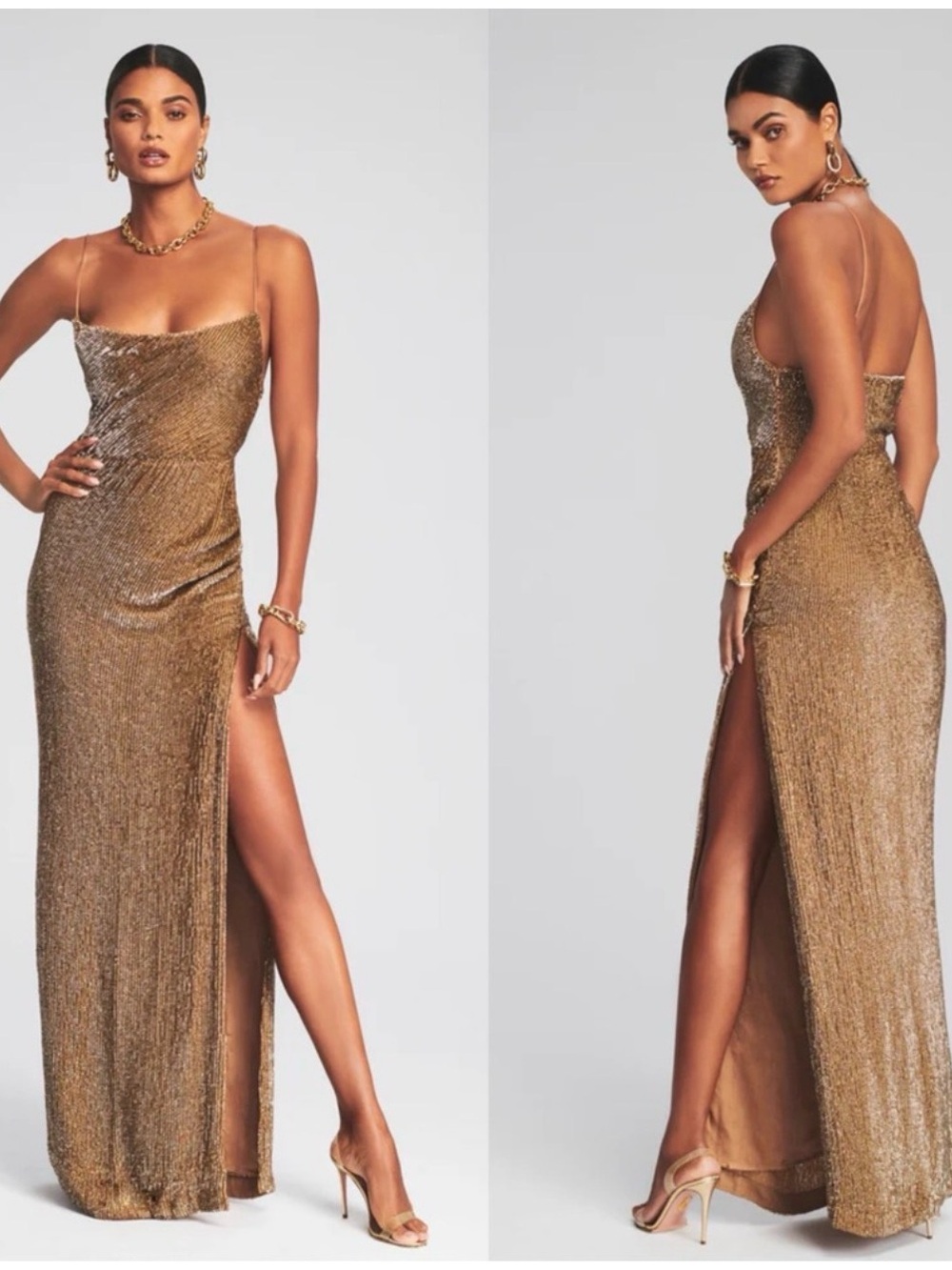 Retrofete Gold Metallic Sequin Maxi Dress with High Thigh Slit